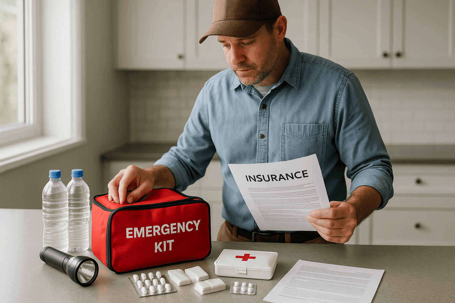 Homeowner organizing emergency kit with insurance documents on kitchen counter